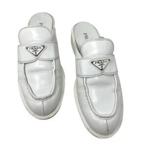Prada Spazzolato Brushed Leather White Triangle Logo Mules  Size 41